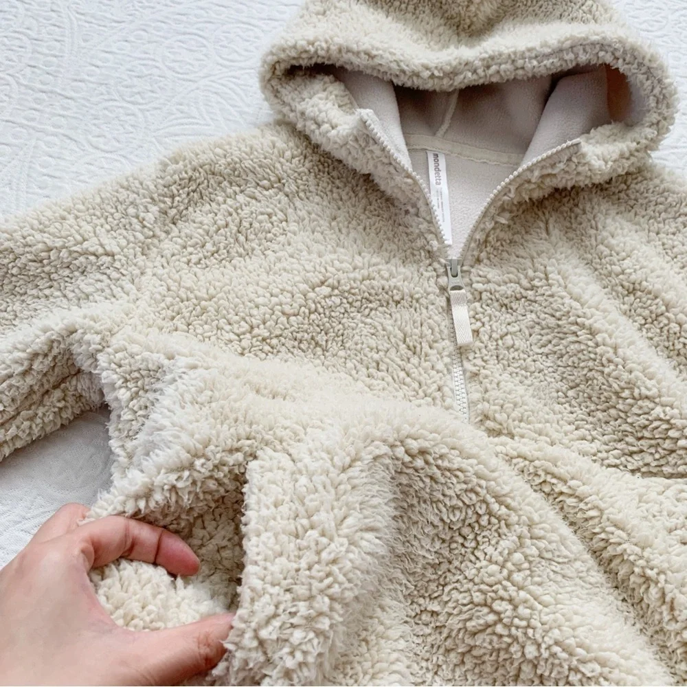 Mondetta Girls' Long Sleeve Sherpa Half-Zip Hooded Pullover, Beige‎